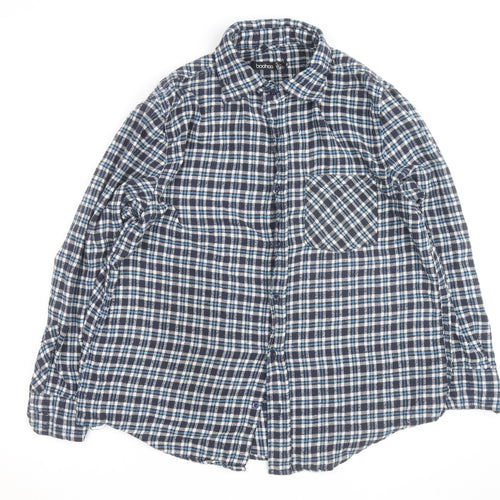 Boohoo Womens Blue Check Flannel Long Sleeve Button-Up Shirt Size 8