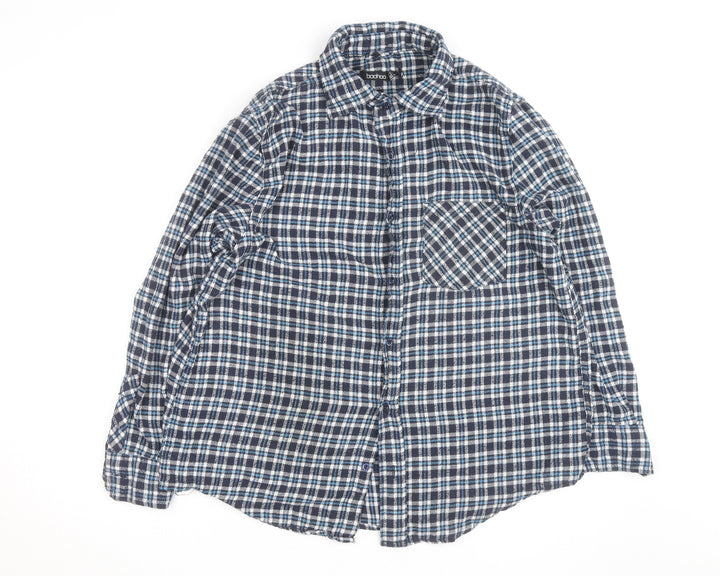 Boohoo Womens Blue Check Flannel Long Sleeve Button-Up Shirt Size 8