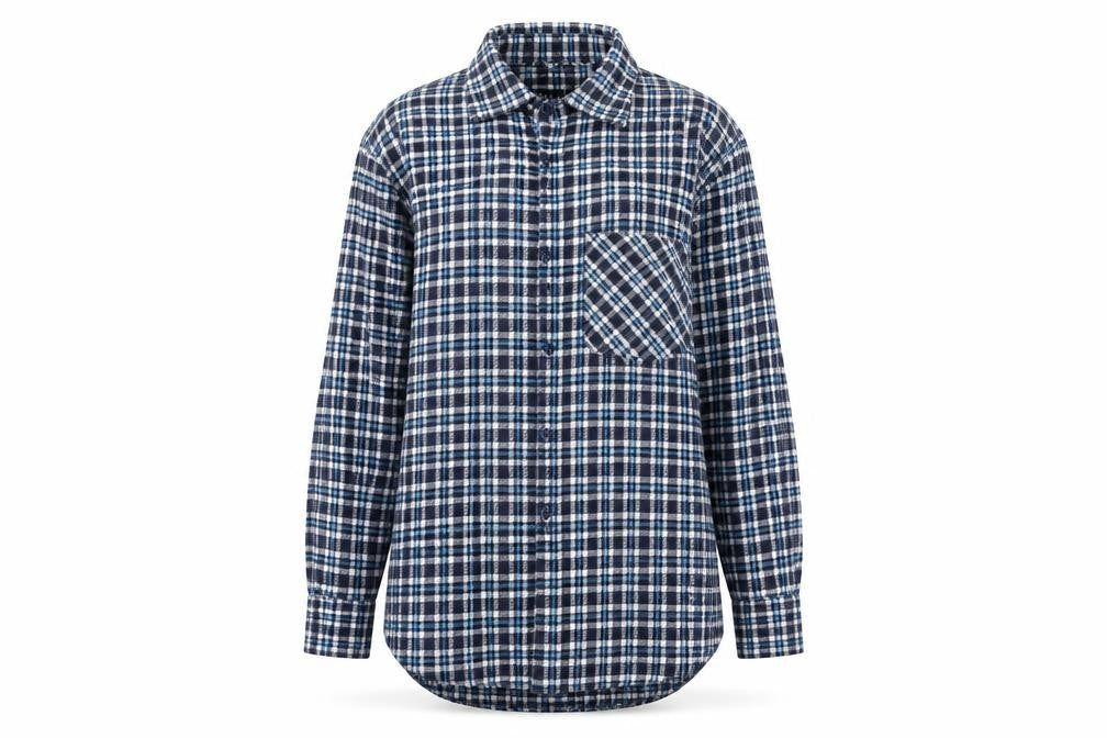 Front view of Boohoo women’s blue check flannel long sleeve button-up shirt, size UK 8