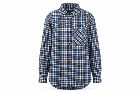 Front view of Boohoo women’s blue check flannel long sleeve button-up shirt, size UK 8