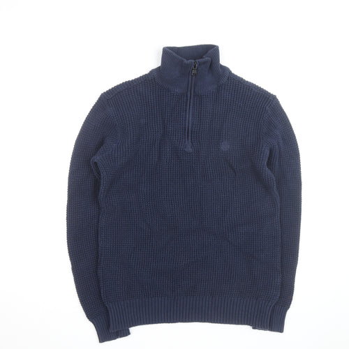 Duck and Cover Men’s Blue Chunky Knit 1/4 Zip Cotton Jumper Size L