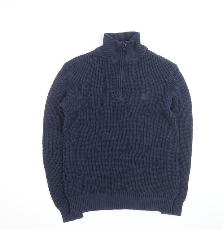 Duck and Cover Men’s Blue Chunky Knit 1/4 Zip Cotton Jumper Size L