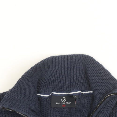 Duck and Cover Men’s Blue Chunky Knit 1/4 Zip Cotton Jumper Size L