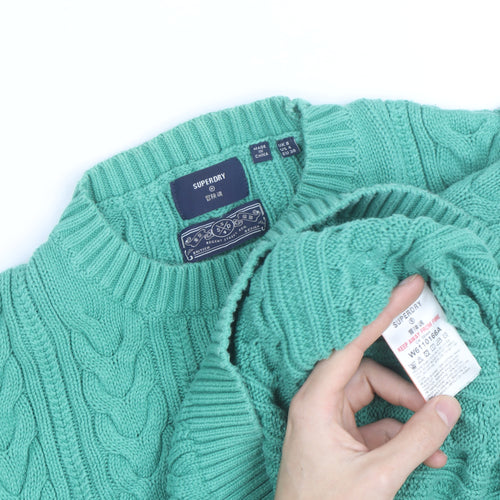 Superdry Women's Green Cable-Knit Cotton Jumper Size 8