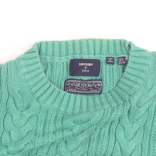 Superdry Women's Green Cable-Knit Cotton Jumper Size 8