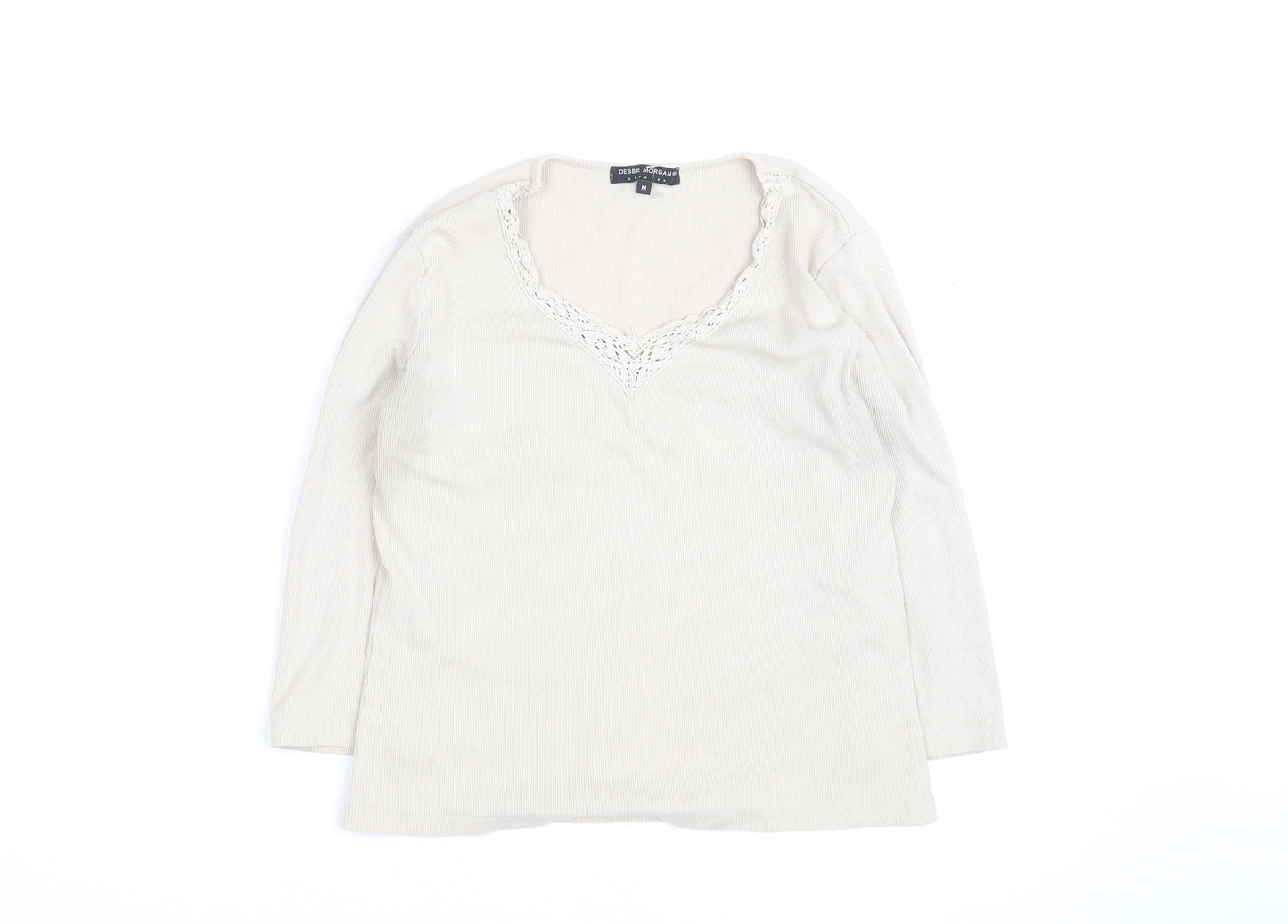 Debbie Morgan Women Beige V-Neck Lace Trim Stretch Jumper M