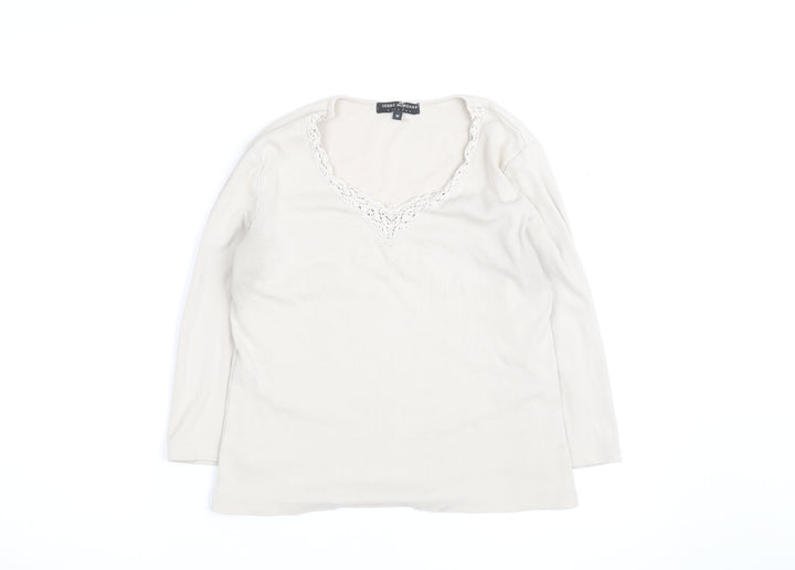 Debbie Morgan Women Beige V-Neck Lace Trim Stretch Jumper M