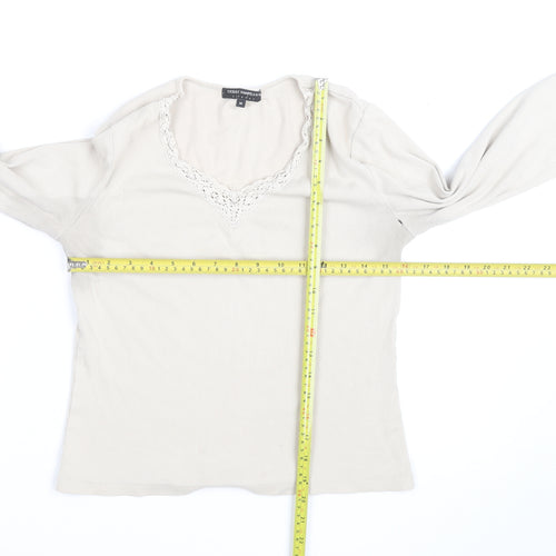 Debbie Morgan Women Beige V-Neck Lace Trim Stretch Jumper M