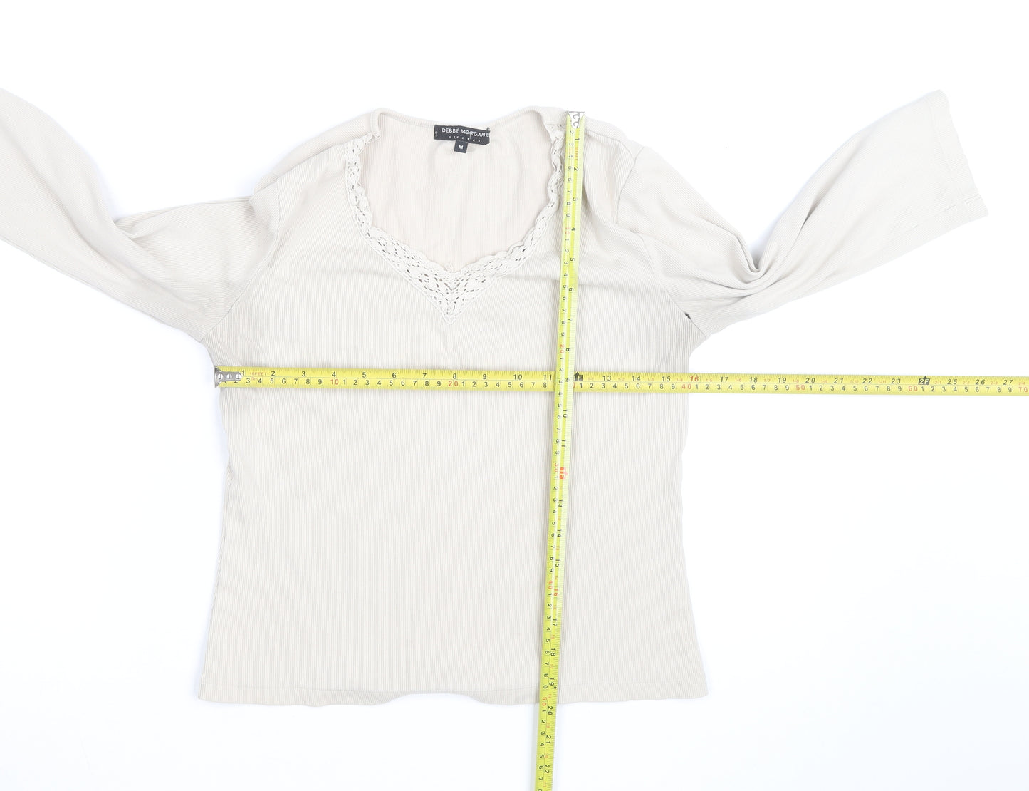 Debbie Morgan Women Beige V-Neck Lace Trim Stretch Jumper M
