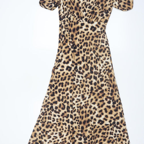 Marks and Spencer Womens Brown Leopard Print Midi A-Line Dress Size 6