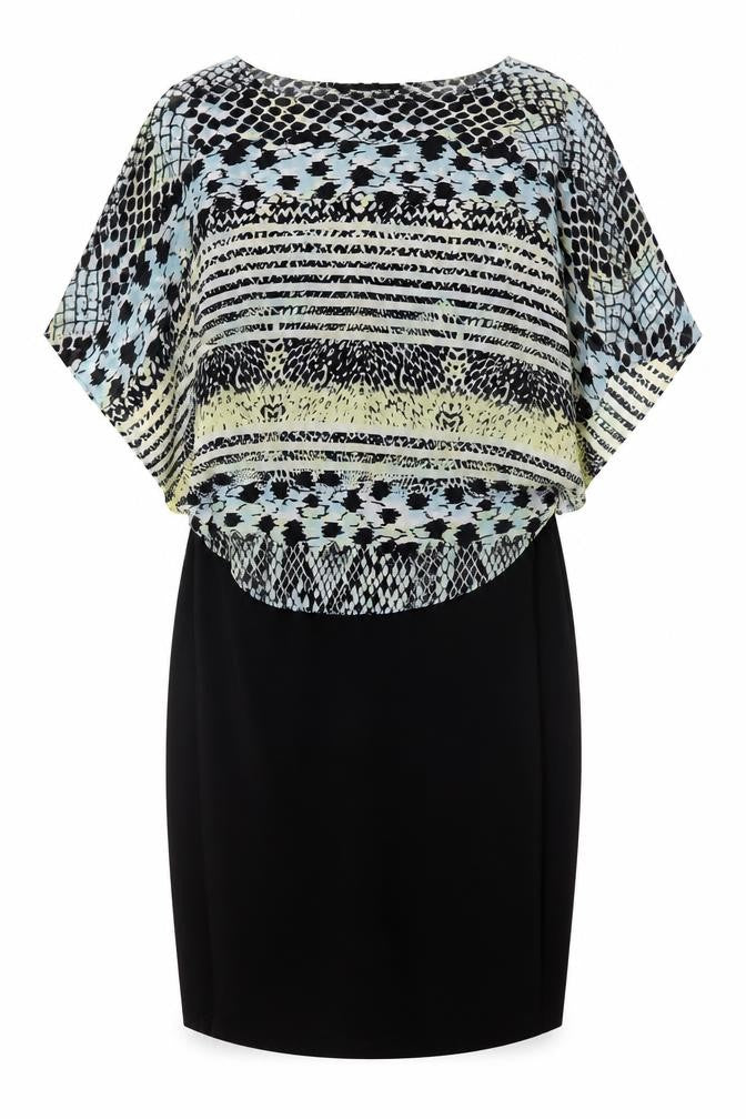 Front view of Bonmarché Women’s Black Geometric Shift Dress, size UK 22 Plus