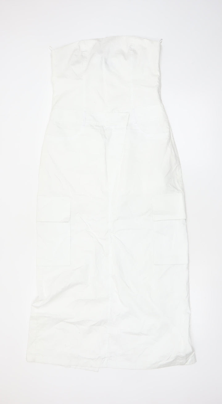 Zara Women White Strapless Midi Dress Size 12 Cotton Pockets