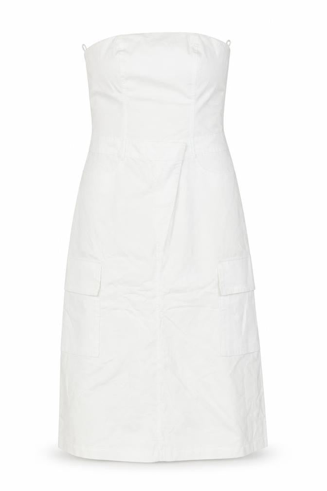 Zara Women White Strapless Midi Dress Size 12 Cotton Pockets