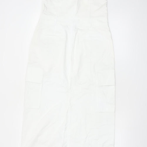 Zara Women White Strapless Midi Dress Size 12 Cotton Pockets