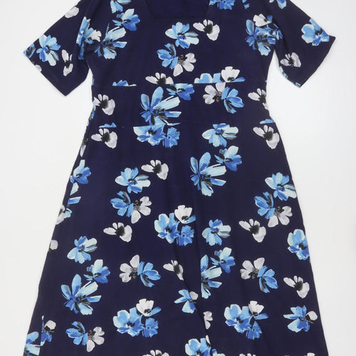 Cotton Traders Women Blue Floral A-Line Knee Length Dress Size 12