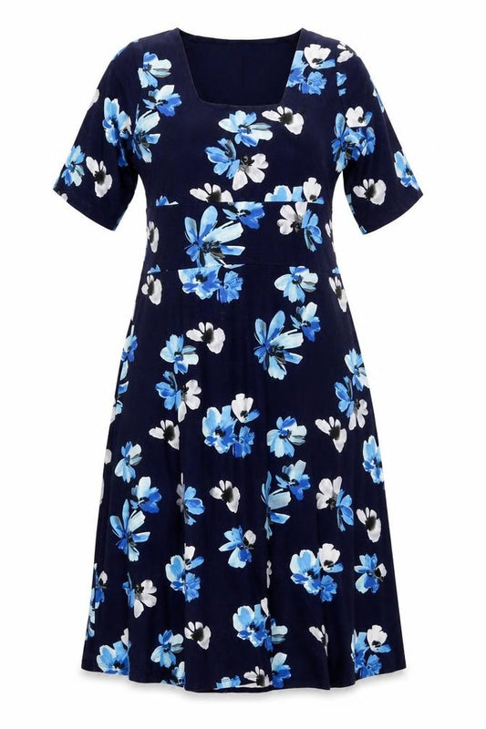 Front view of Cotton Traders Women Blue Floral A-Line Knee Length Dress, size 12
