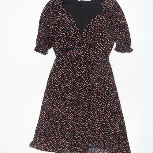 Oasis Women Black Polka Dot Fit & Flare Dress XS V-Neck Puff Sleeve