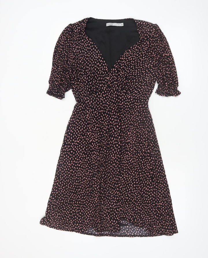 Oasis Women Black Polka Dot Fit & Flare Dress XS V-Neck Puff Sleeve