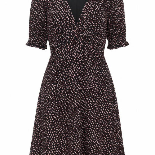 Oasis Women Black Polka Dot Fit & Flare Dress XS V-Neck Puff Sleeve