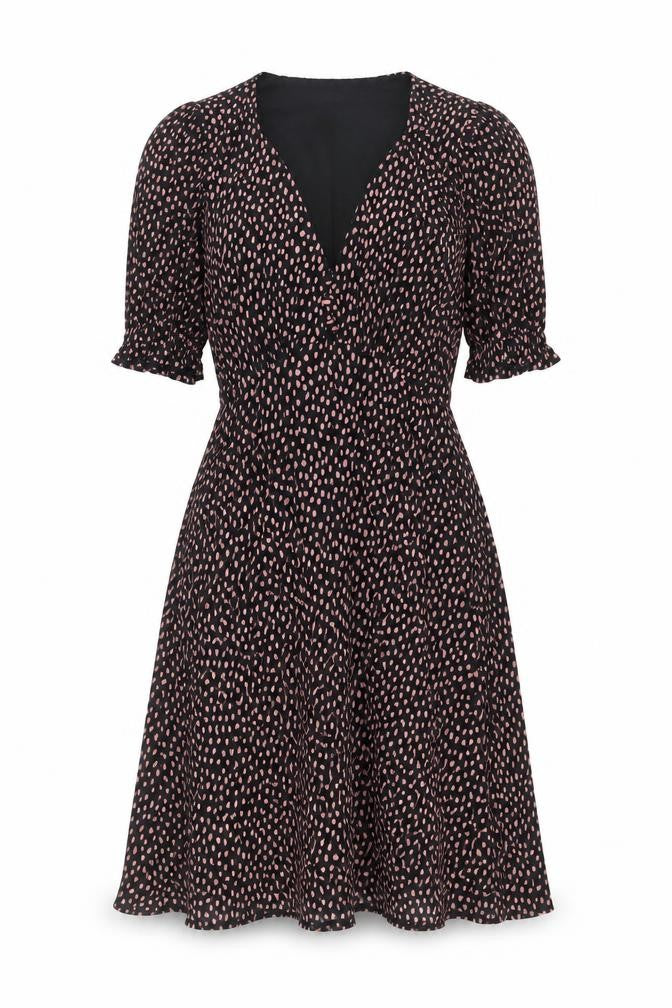 Oasis Women Black Polka Dot Fit & Flare Dress XS V-Neck Puff Sleeve