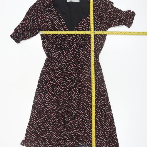 Oasis Women Black Polka Dot Fit & Flare Dress XS V-Neck Puff Sleeve