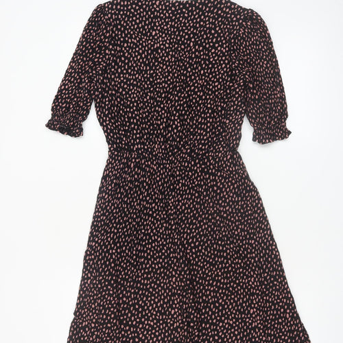 Oasis Women Black Polka Dot Fit & Flare Dress XS V-Neck Puff Sleeve