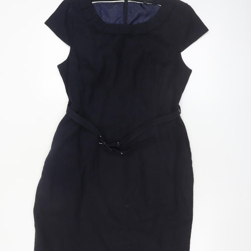 Debenhams Women Navy Linen Sheath Belted Work Dress Size 14