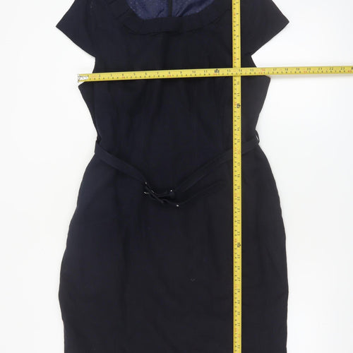 Debenhams Women Navy Linen Sheath Belted Work Dress Size 14