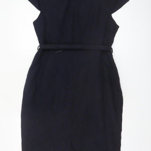 Debenhams Women Navy Linen Sheath Belted Work Dress Size 14