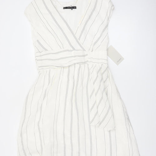 Zara Basic Women Ivory Stripe Linen Wrap Dress Size 14 Knee Length
