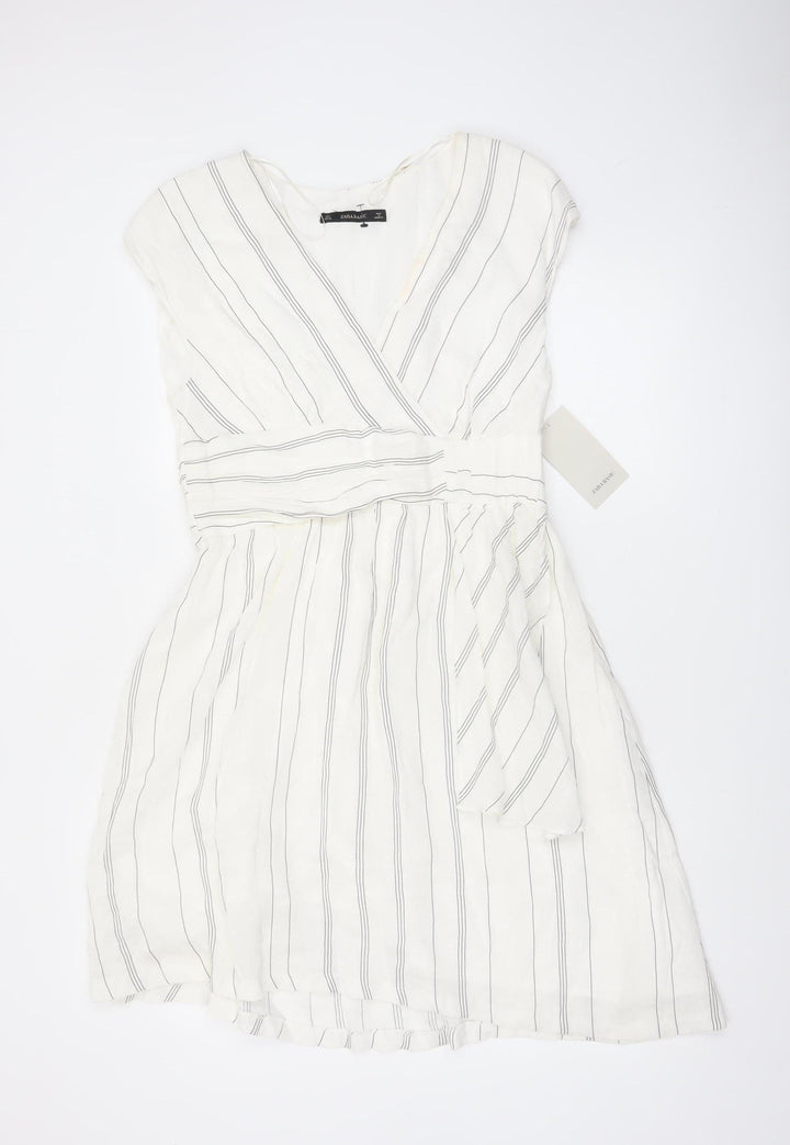 Zara Basic Women Ivory Stripe Linen Wrap Dress Size 14 Knee Length