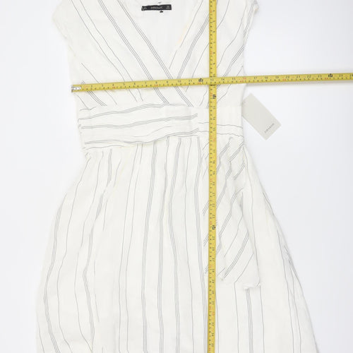 Zara Basic Women Ivory Stripe Linen Wrap Dress Size 14 Knee Length