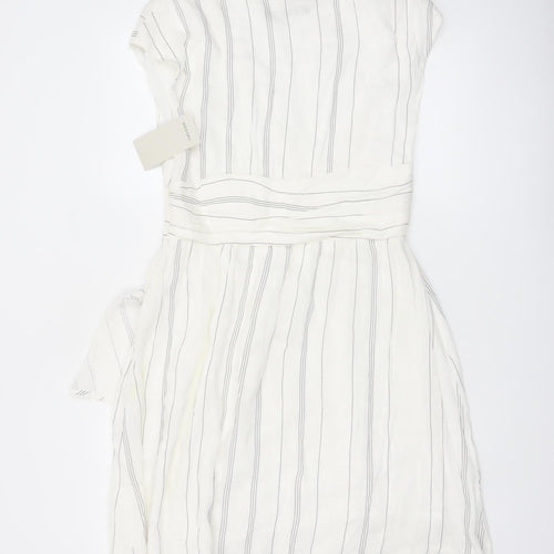 Zara Basic Women Ivory Stripe Linen Wrap Dress Size 14 Knee Length