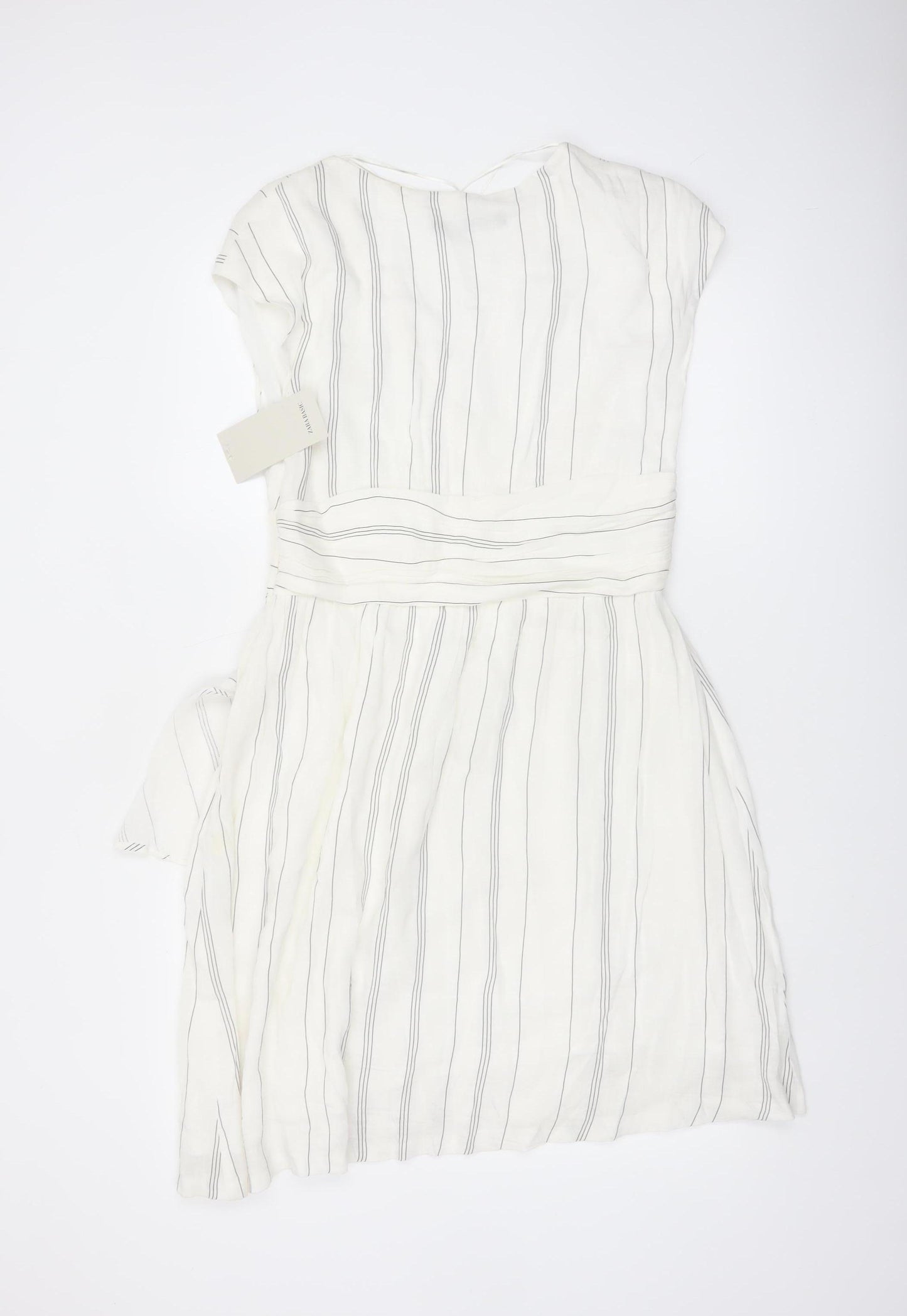 Zara Basic Women Ivory Stripe Linen Wrap Dress Size 14 Knee Length
