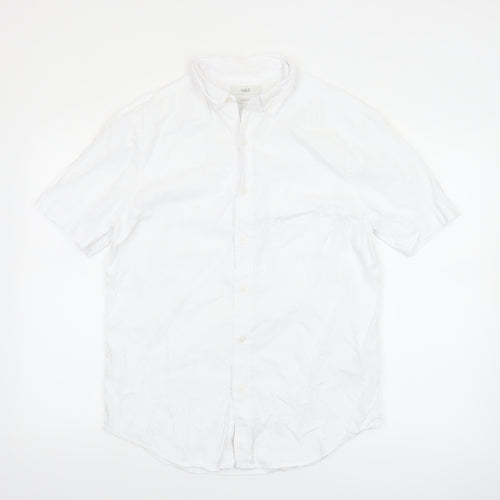 Marks and Spencer Men's White Linen Blend Short Sleeve Button-Up Shirt Size S