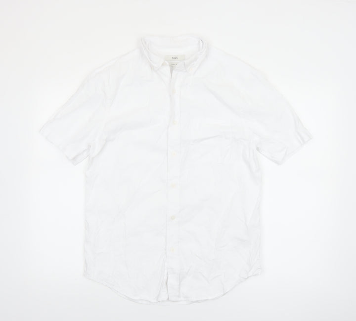 Marks and Spencer Men's White Linen Blend Short Sleeve Button-Up Shirt Size S