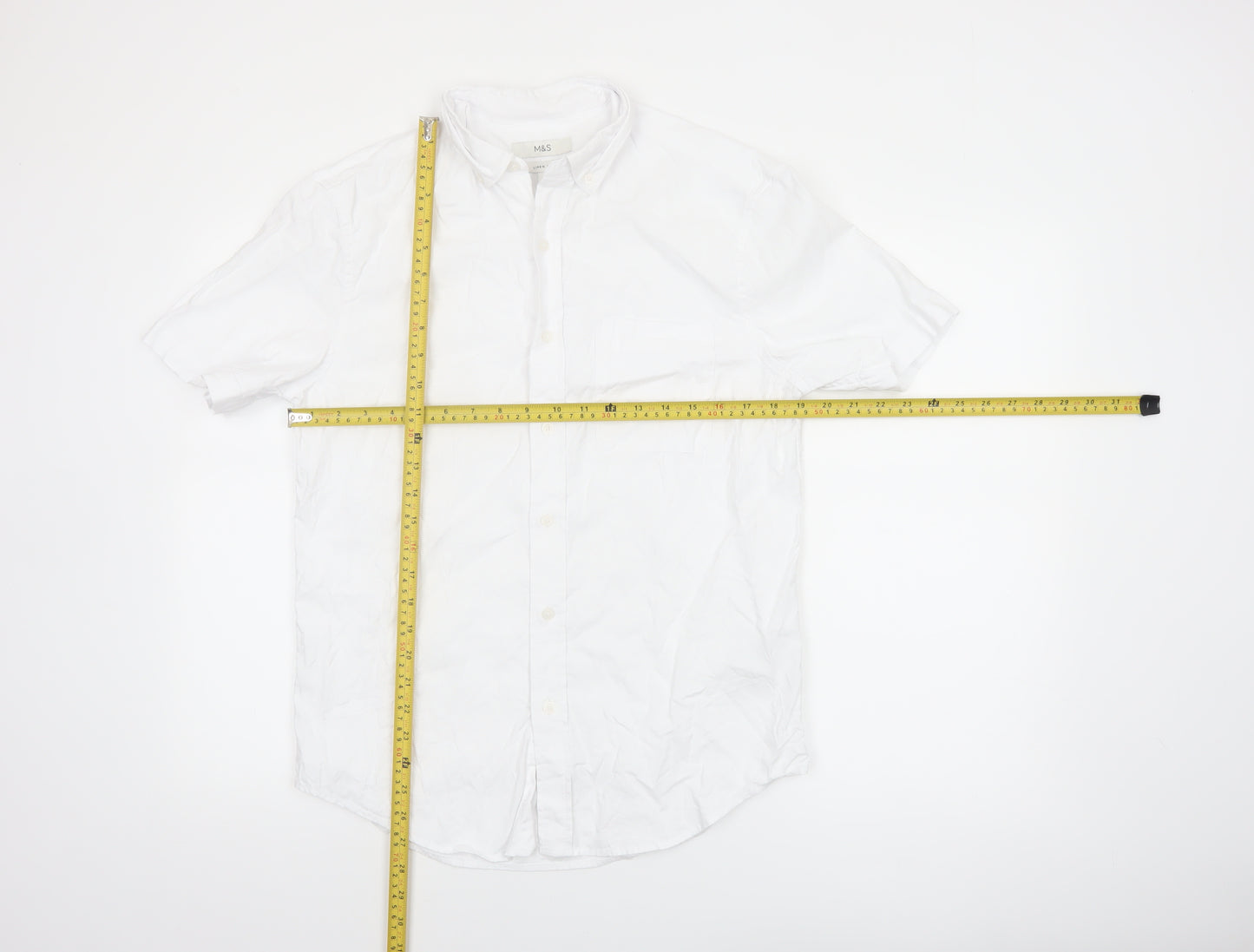 Marks and Spencer Men's White Linen Blend Short Sleeve Button-Up Shirt Size S