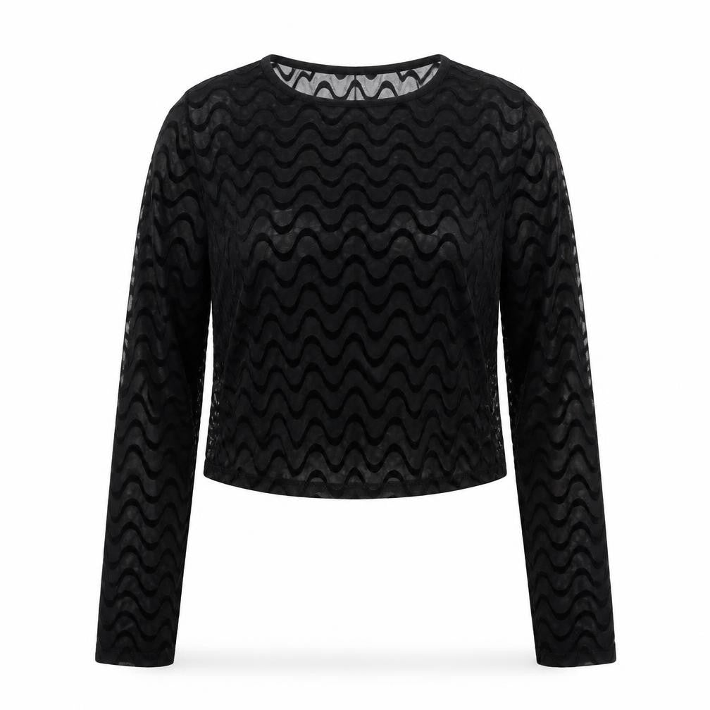 Front view of ASOS DESIGN Women's Black Mesh Textured Cropped Long Sleeve Blouse, size 10