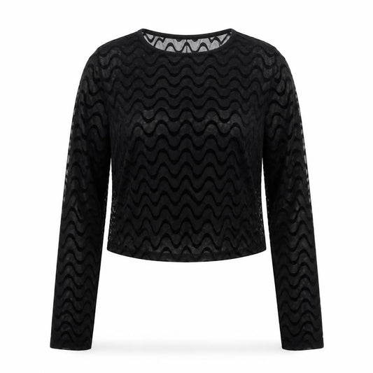 Front view of ASOS DESIGN Women's Black Mesh Textured Cropped Long Sleeve Blouse, size 10