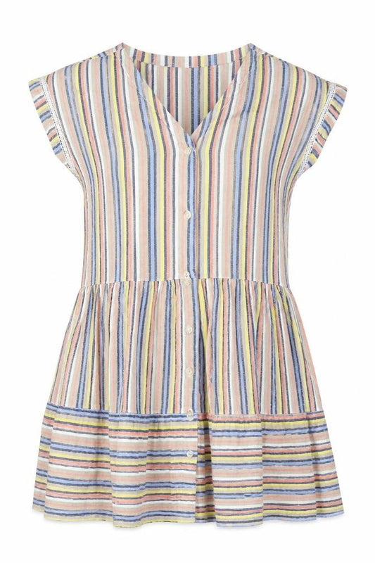 Front view of Next Women’s Multicoloured Striped Linen Blend A-Line Short Dress, size UK 12