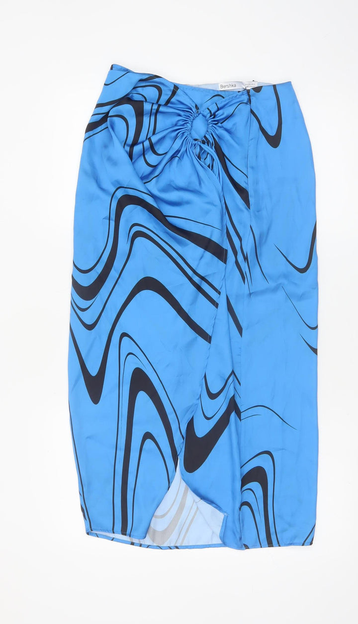 Bershka Women Blue Midi Wrap Skirt M Retro Geometric Print