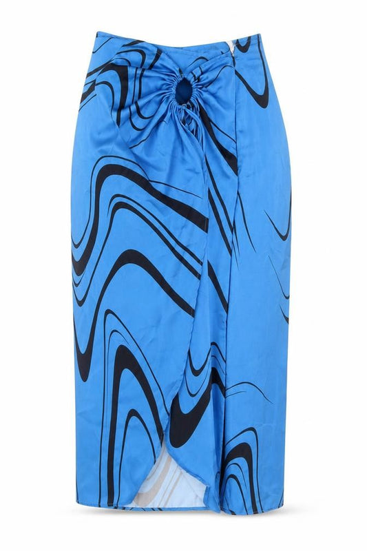 Front view of Bershka Women Blue Midi Wrap Skirt M Retro Geometric Print