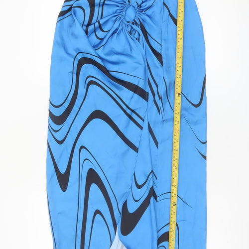 Bershka Women Blue Midi Wrap Skirt M Retro Geometric Print