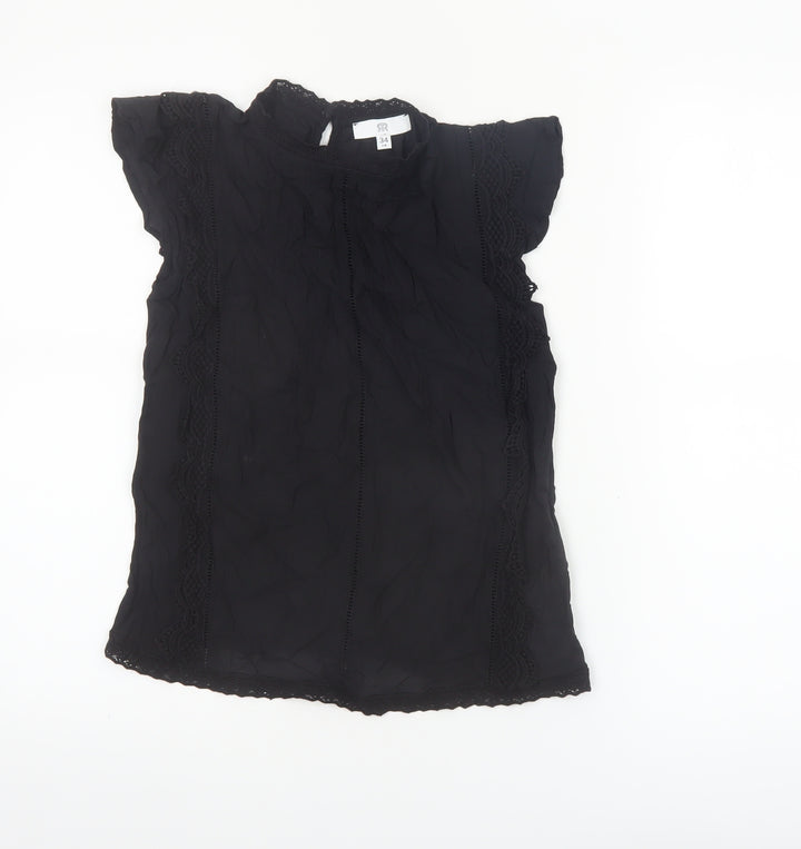 RR Women Black Lace High Neck Short Sleeve Blouse Size 6