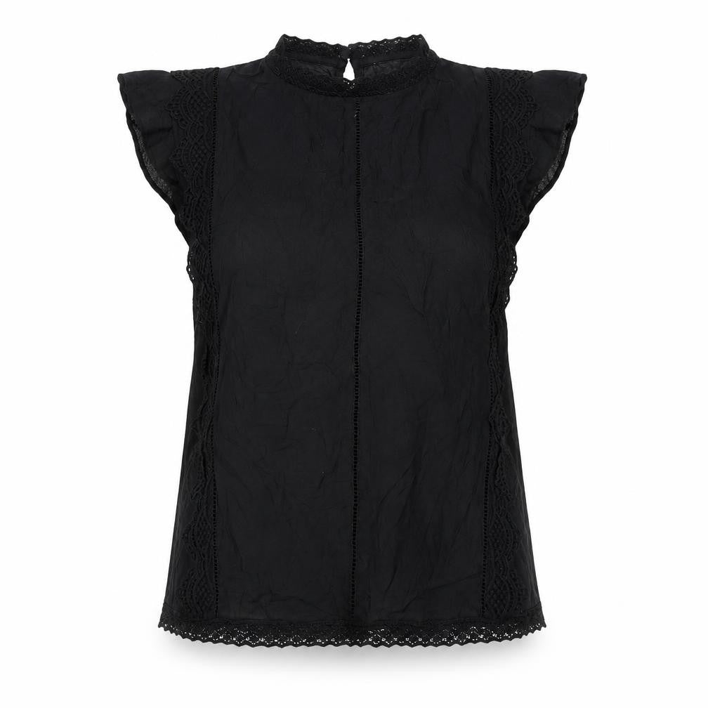 RR Women Black Lace High Neck Short Sleeve Blouse Size 6