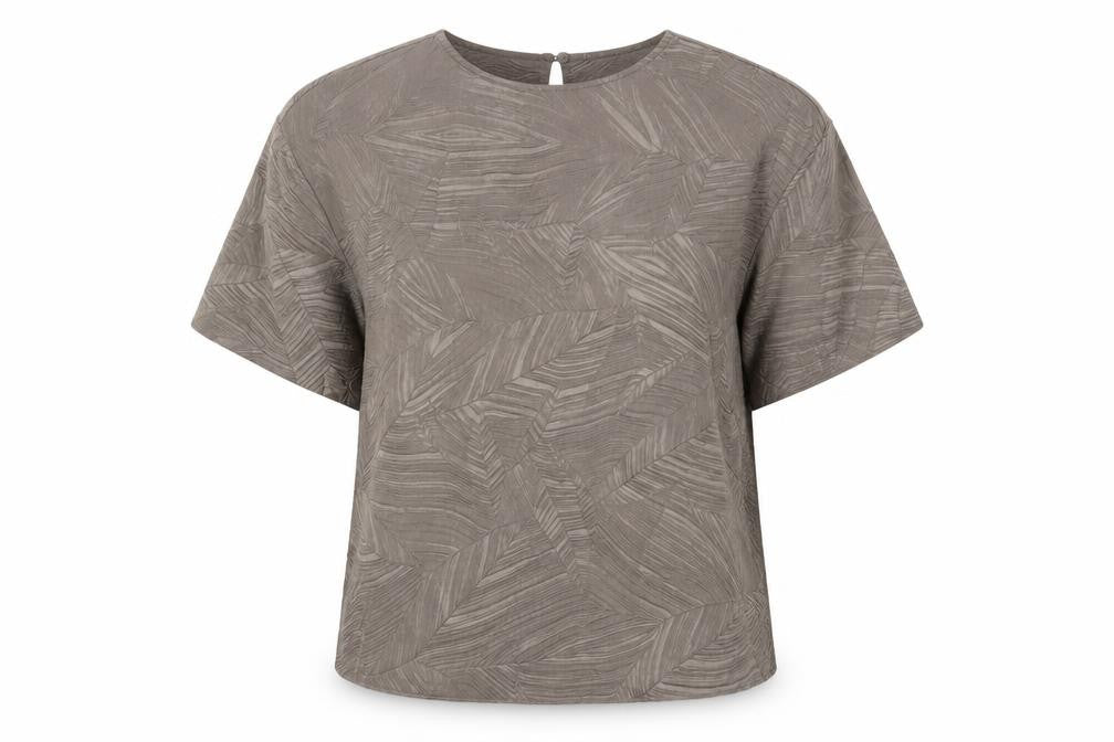 Front view of Marks & Spencer women’s brown geometric blouse, size UK 10, regular
