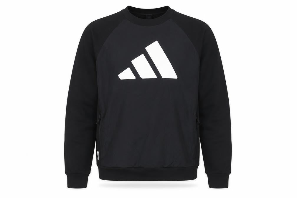 Front view of Adidas Men’s Black Large Pullover Sweatshirt Crew Neck Logo Sports Top