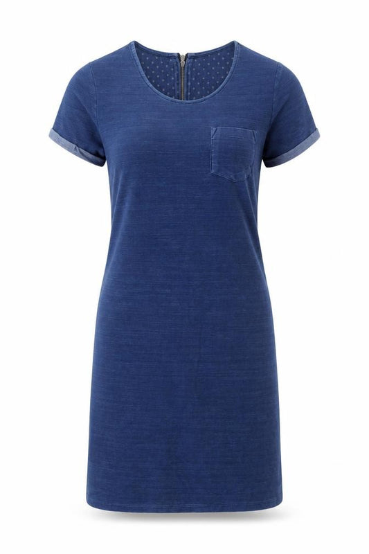 Front view of FatFace women’s blue short sleeve cotton t-shirt dress, size UK 6