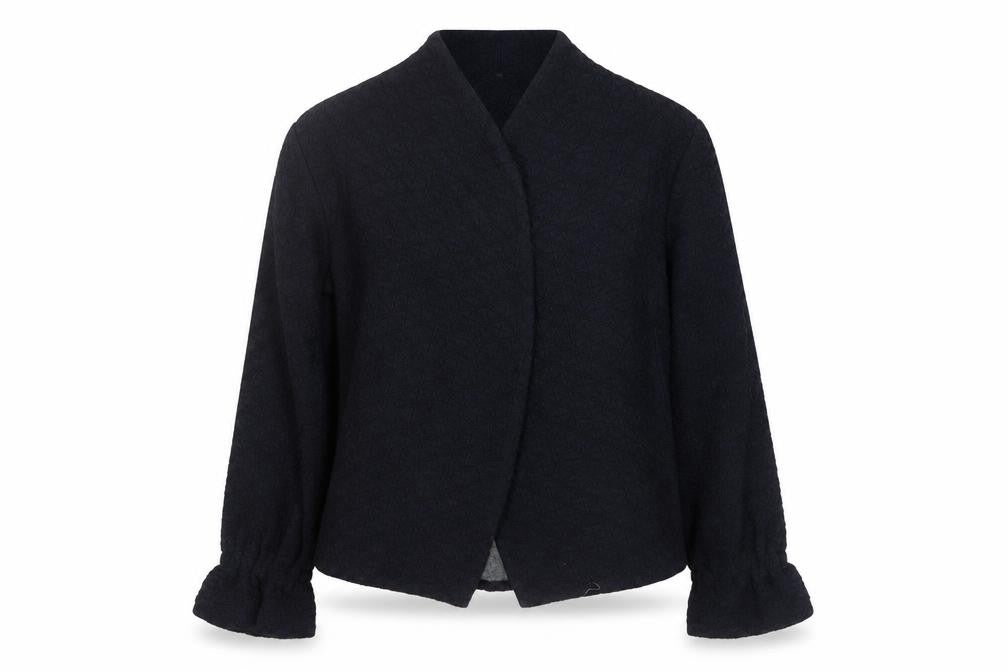 Front view of Wall London Women's Black Small Open Jacket Wool Blend Made in Britain