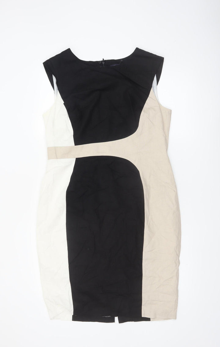 Marks and Spencer Women Black Beige White Colourblock Sheath Dress Size 14